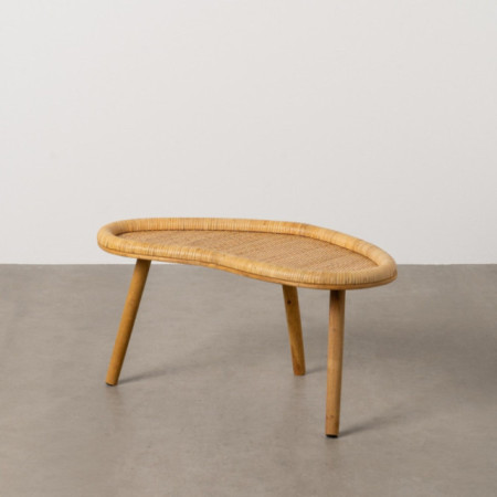 Mesa de centro arriñonada en ratán natural con patas cilíndricas 77 x 37 x 41 cm