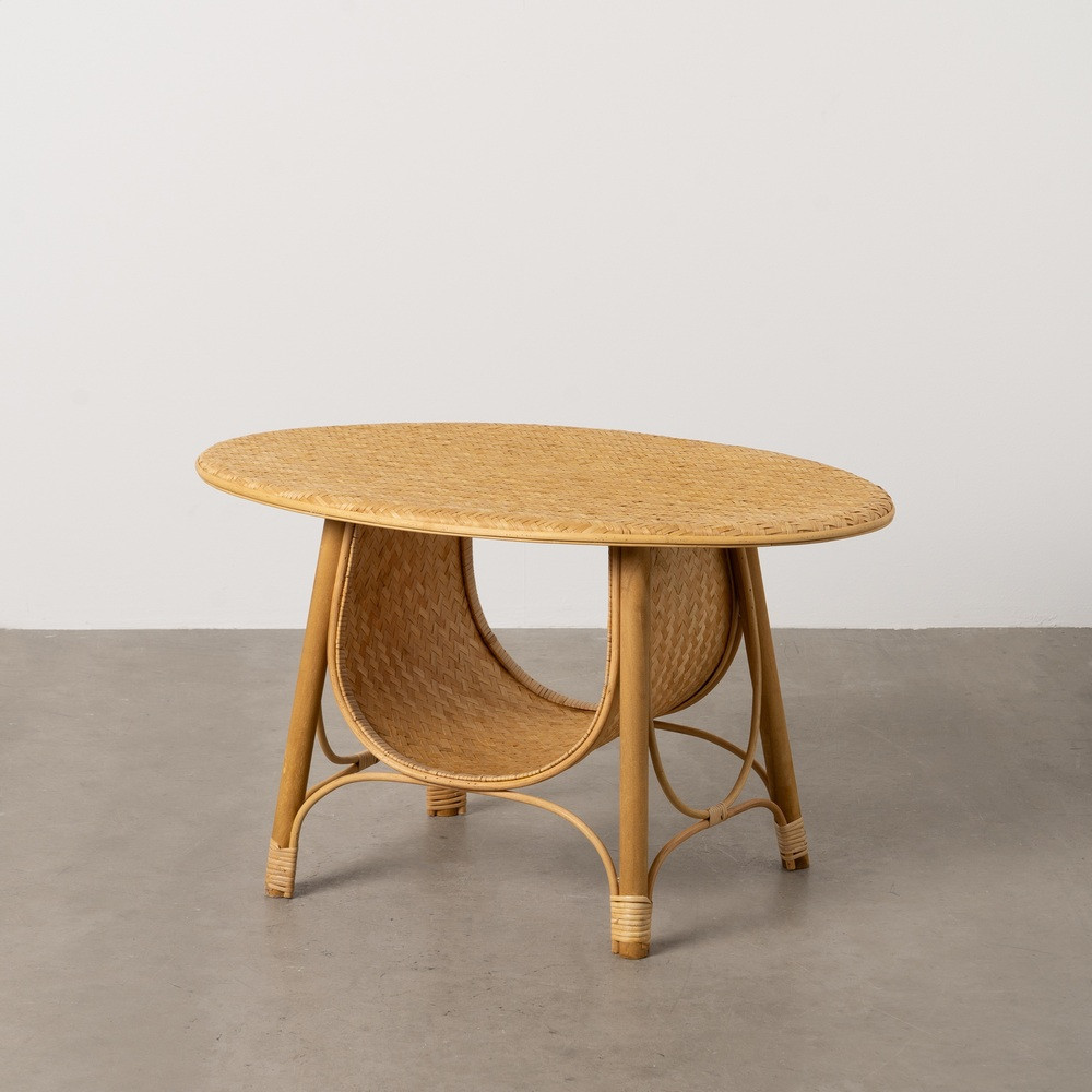Mesa de centro ovalada con revistero de bambú y ratán 81 x 47,5 x 51 cm