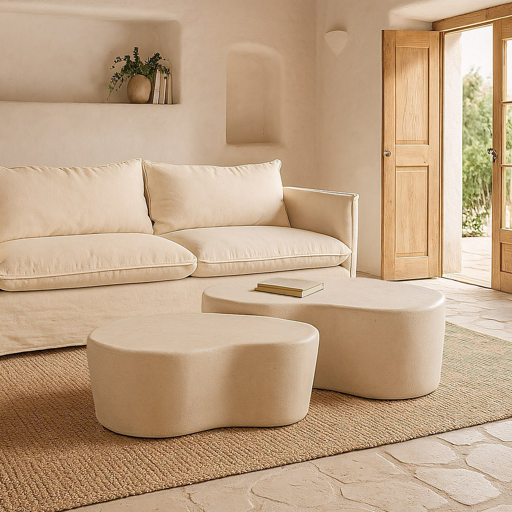 Mesa de centro arriñonada fija de DM blanco 125,5 x 46 x 79 cm