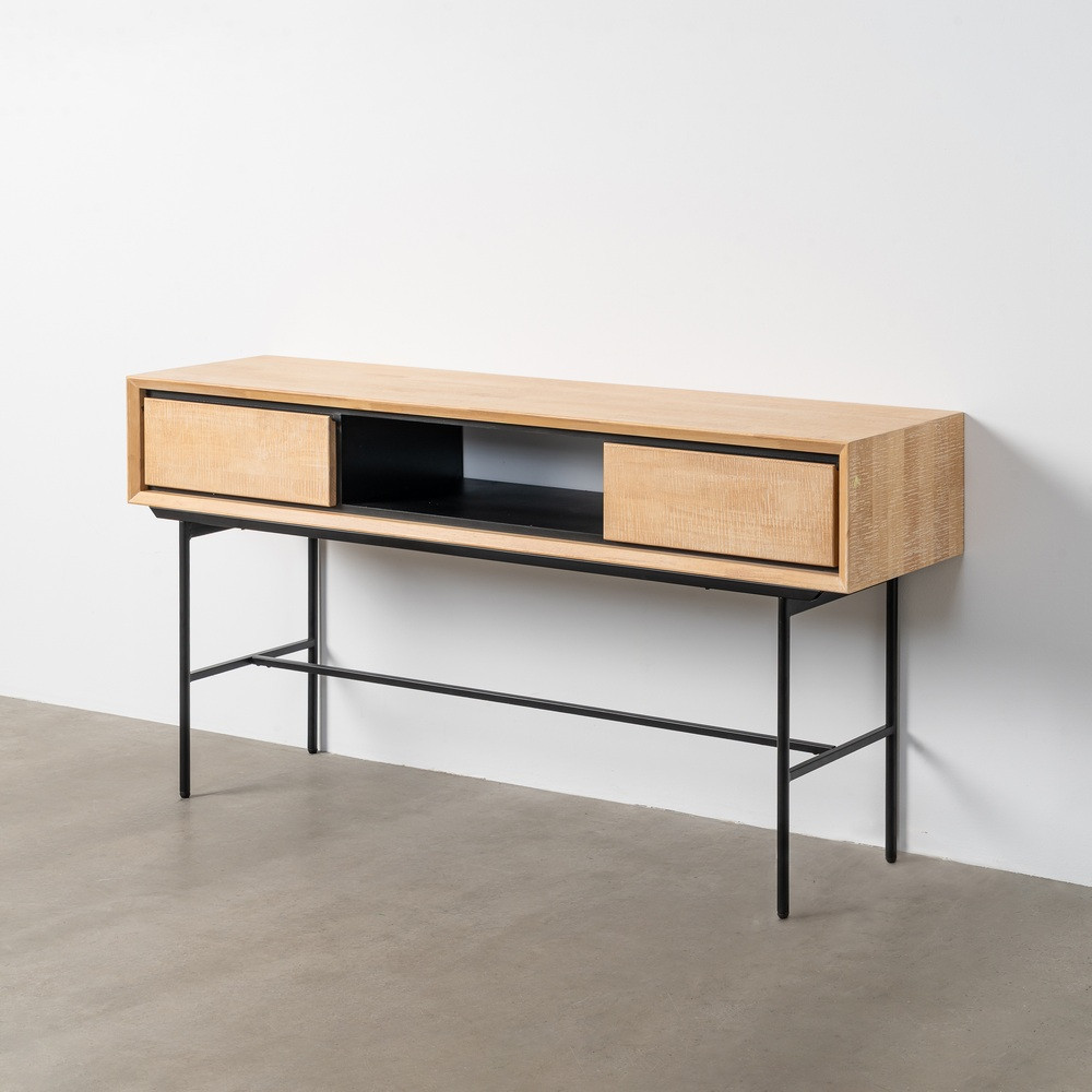 Escritorio con dos cajones y hueco central en madera de caucho y metal 150 x 74 x 40 cm