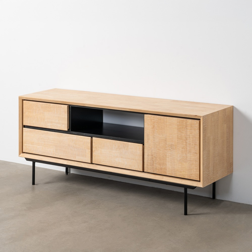 Mueble TV de caucho, DM, madera y metal natural y negro 148 x 62 x 40 cm