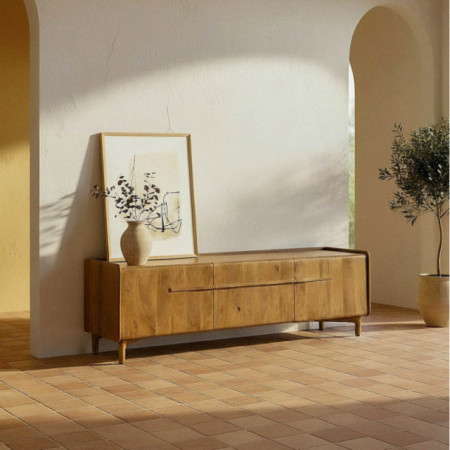 Mueble TV de madera de mango natural con puertas y cajón 160 x 50 x 40 cm