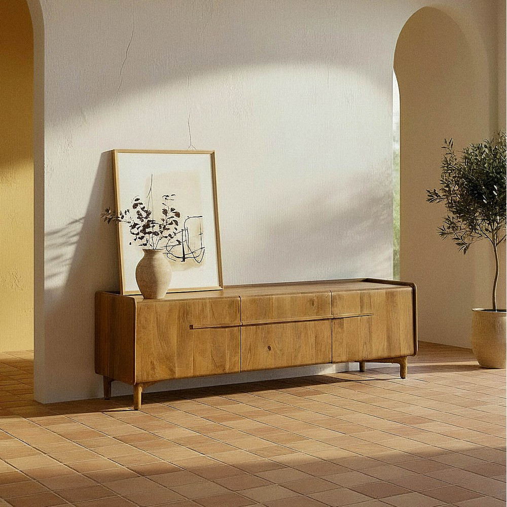 Mueble TV de madera de mango natural con puertas y cajón 160 x 50 x 40 cm