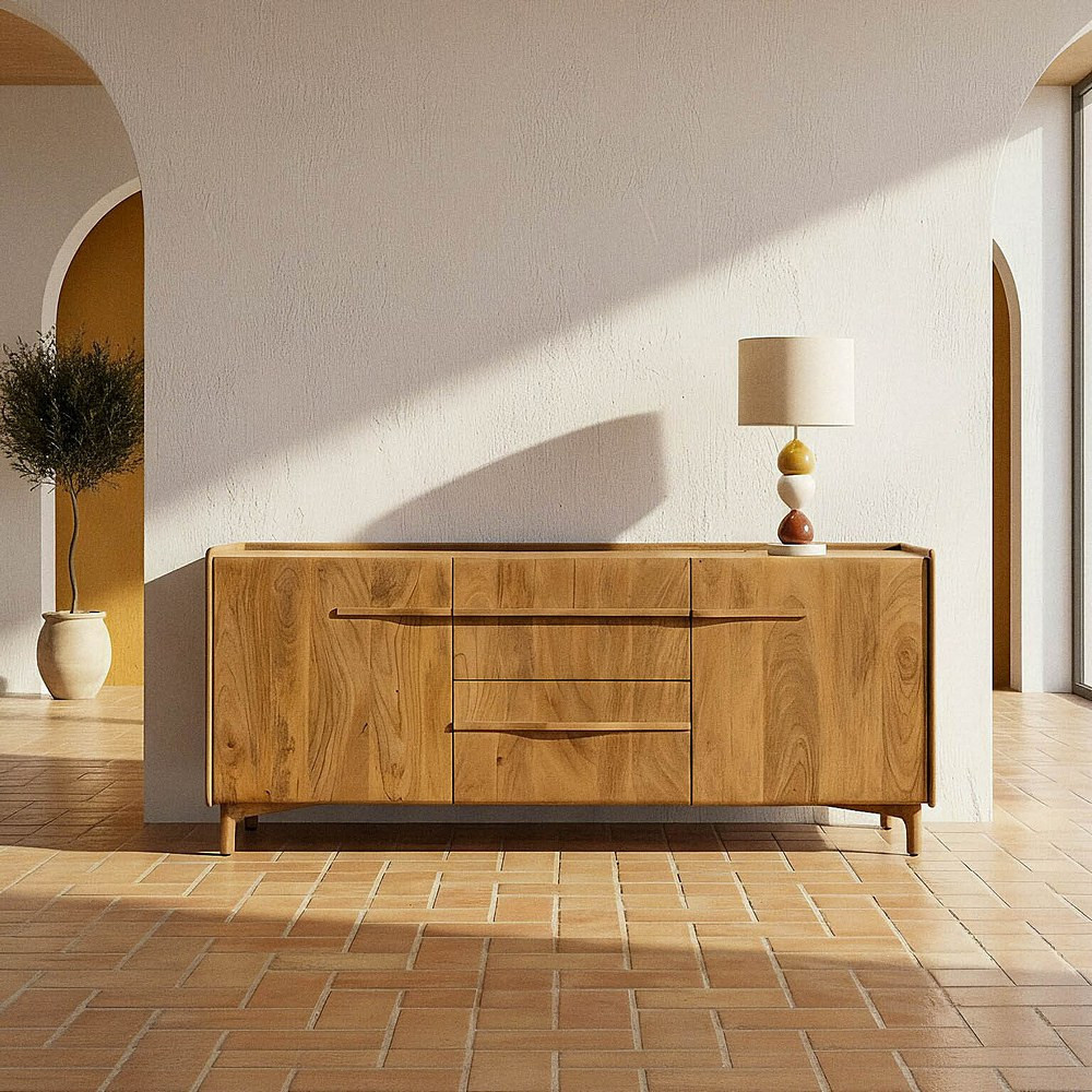 Aparador de salón en madera maciza de mango con cajones centrales 160 x 70 x 45 cm