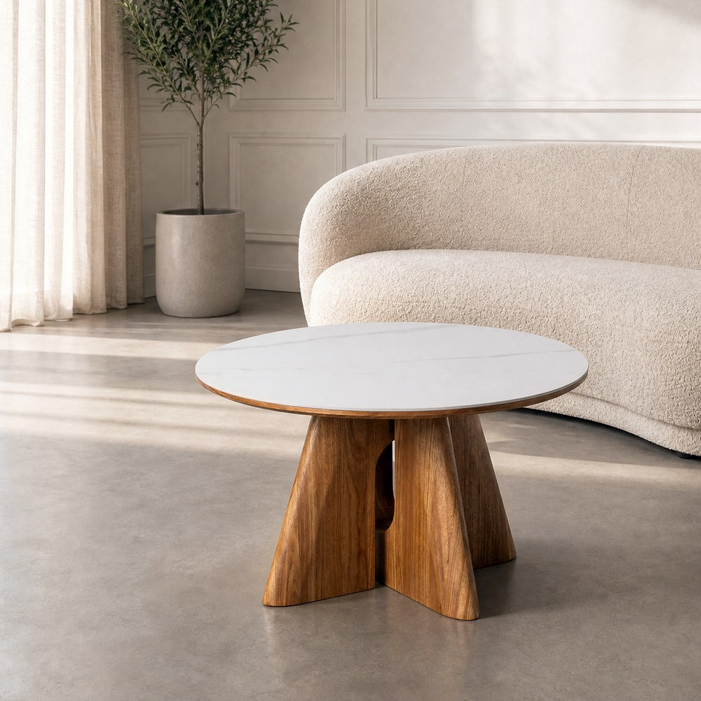 Mesa de centro redonda fija de cerámica blanca y madera 45 cm