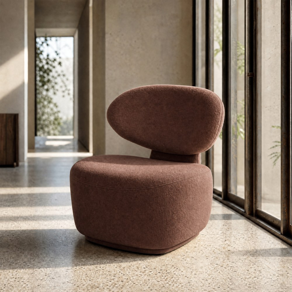 Sillón bajo sin brazos en tejido marrón chocolate y contrachapado 77 x 79 x 73 cm