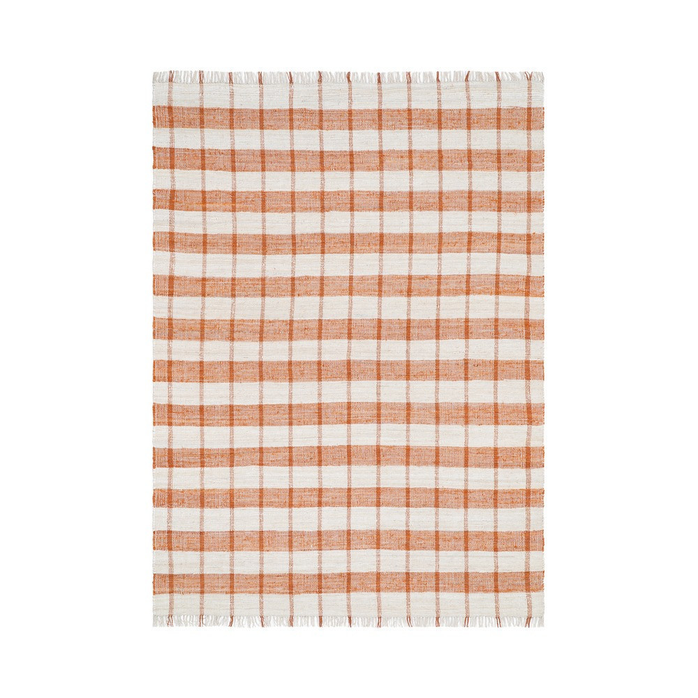 Alfombra tejida a rayas cuadros vichy terracota y blanco con flecos 160 x 1 x 230 cm