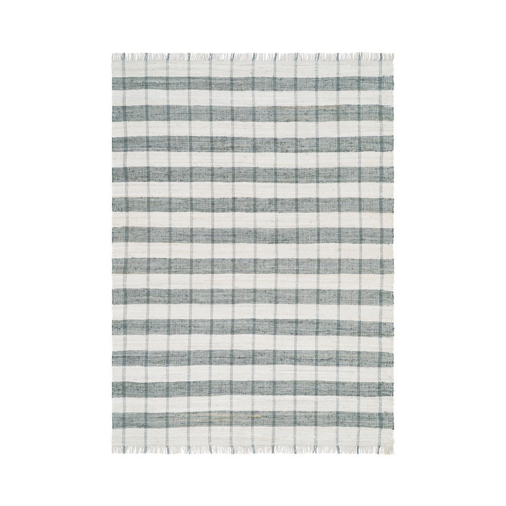 Alfombra tejida a rayas cuadros vichy verde salvia y blanco con flecos 160 x 1 x 230 cm