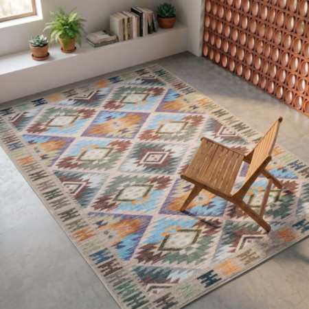 Alfombra gran formato kilim étnica azul y mostaza 200 x 1 x 300 cm