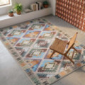 Alfombra gran formato kilim étnica azul y mostaza 200 x 1 x 300 cm