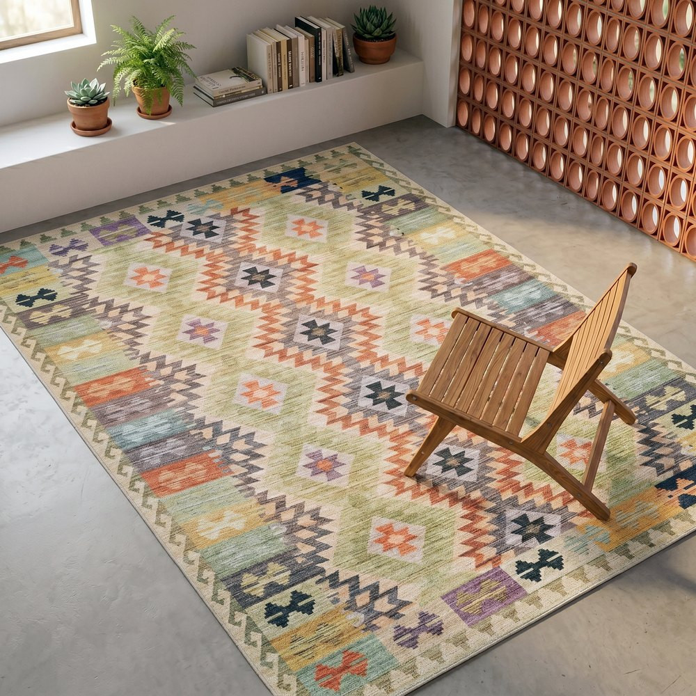 Alfombra gran formato kilim étnica verde y naranja 200 x 1 x 300 cm