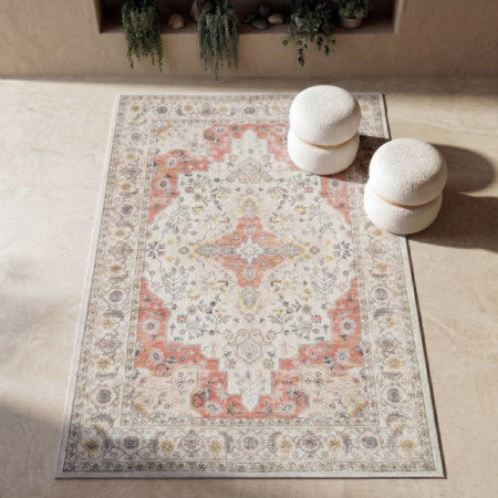 Alfombra impresa estilo sello persa coral y marfil 160 x 1 x 230 cm