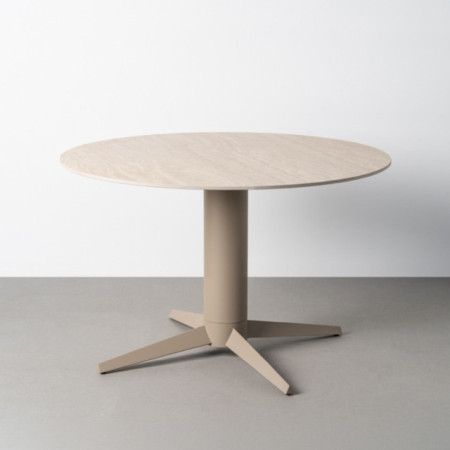 Mesa de comedor redonda cerámica efecto travertino beige y pie aspa crema 75 cm