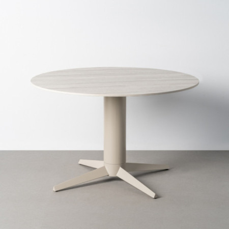 Mesa de comedor redonda cerámica efecto travertino gris y pie aspa gris 75 cm