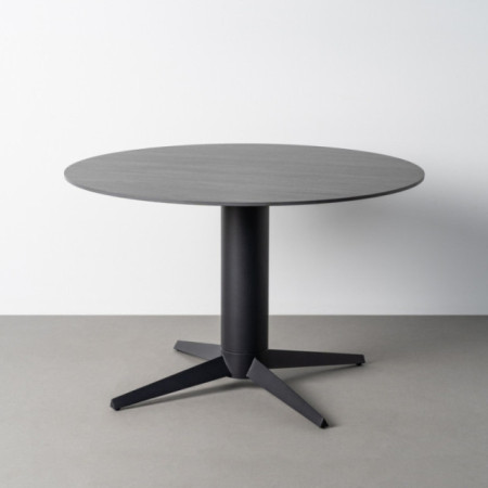 Mesa de comedor redonda cerámica efecto travertino negro y pie aspa negro 75 cm