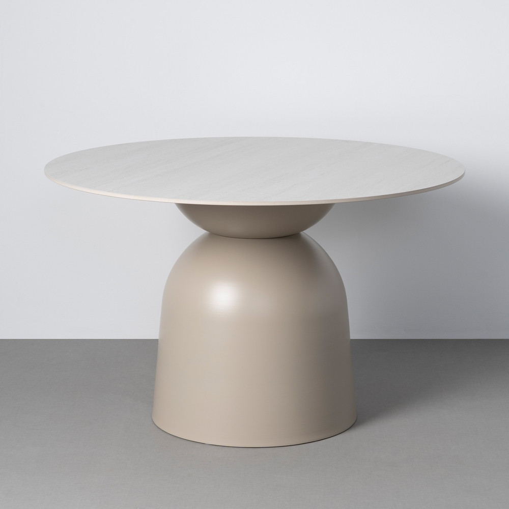 Mesa de comedor redonda en piedra sinterizada travertino beige y metal 75 cm