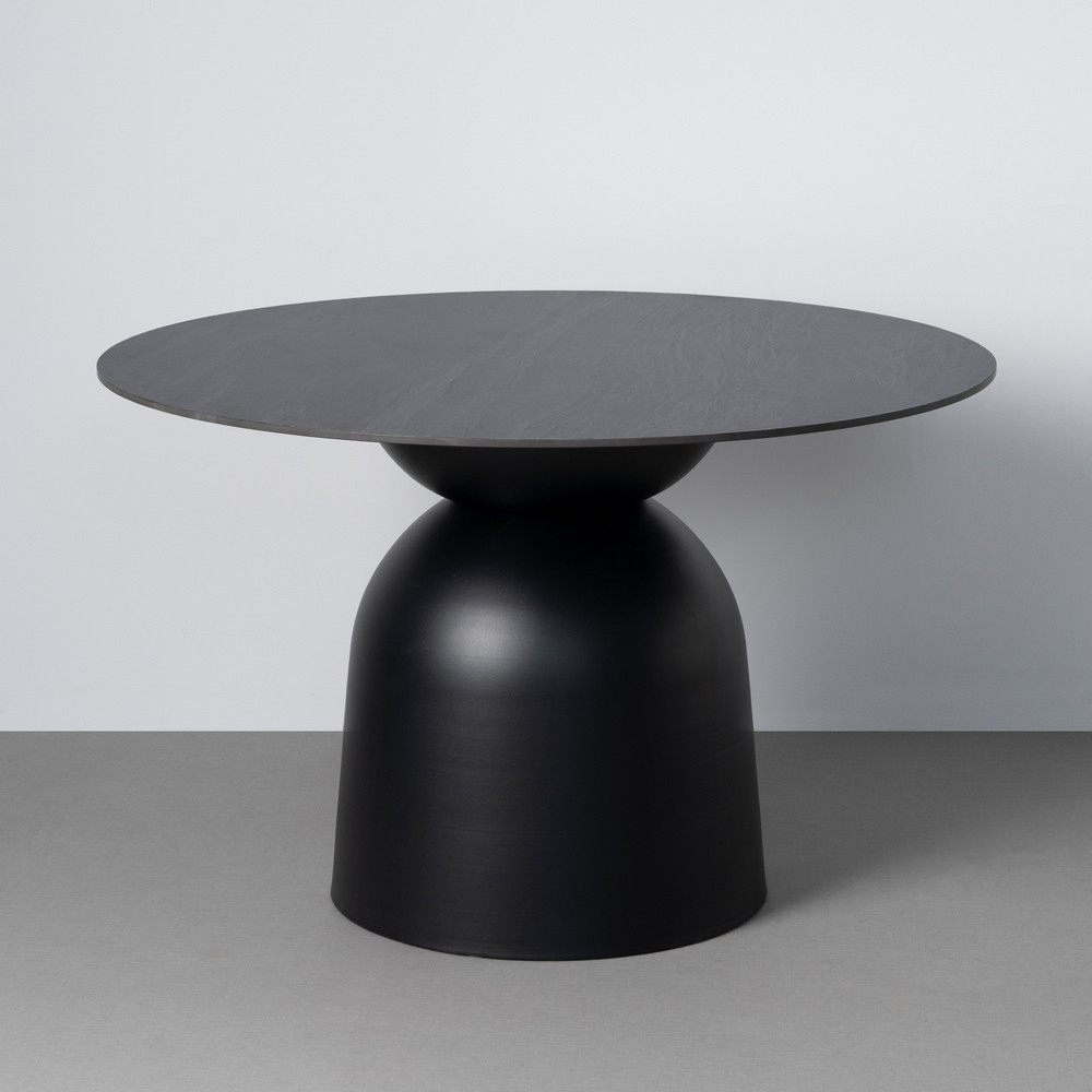 Mesa de comedor redonda fija de piedra sinterizada negra y metal 75 cm