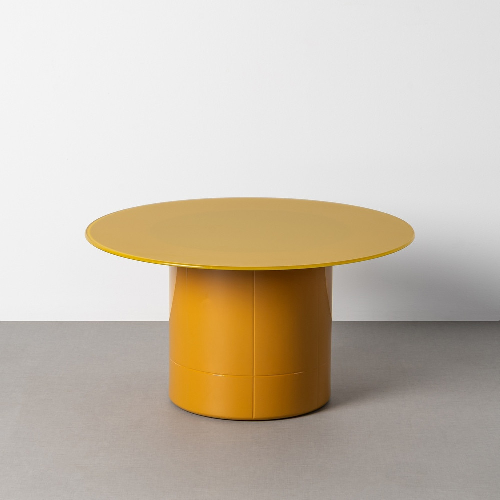 Mesa de centro redonda fija de cristal amarillo y DM 42 cm