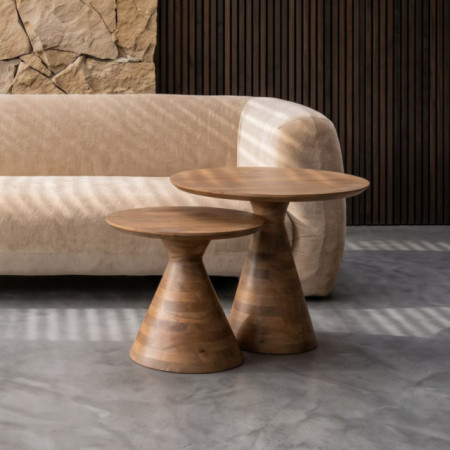 Set de 2 mesas auxiliares redondas pedestal de madera de mango maciza