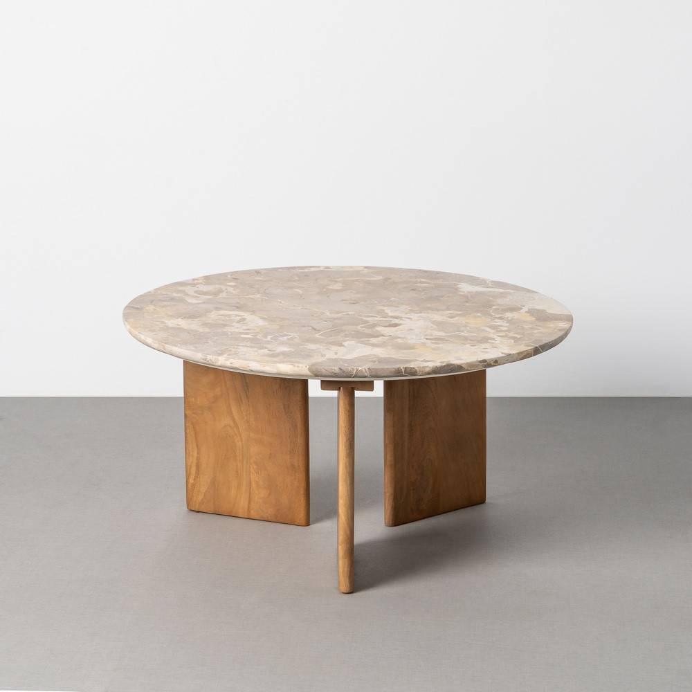 Mesa de centro redonda fija de piedra fósil y madera de mango 40 cm