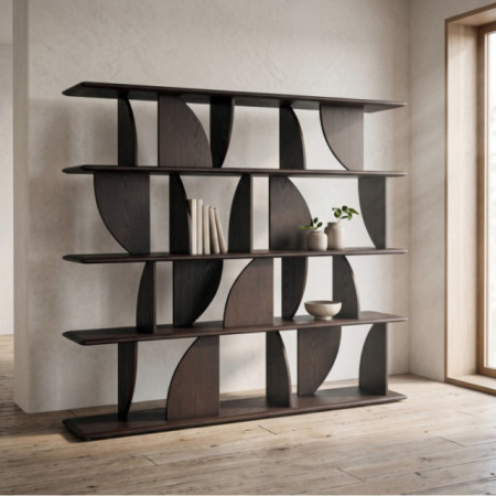 Librería estantería alta abierta en madera de caucho marrón con divisores curvos 180 x 161 x 38 cm