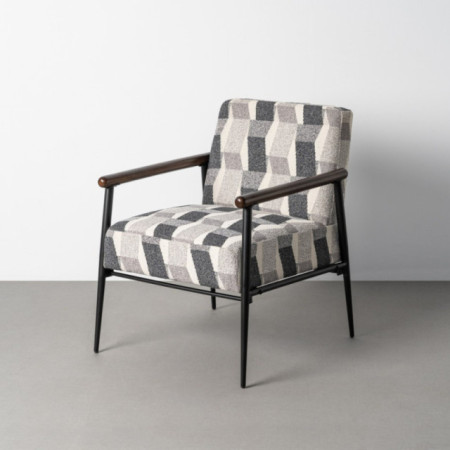 Sillón butaca tapizada geométrica gris y madera vista 64,5 x 81 x 76 cm
