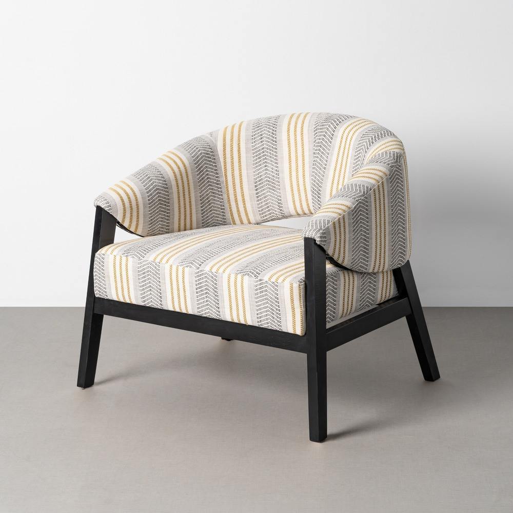 Sillón de salón a rayas gris en madera de caucho negra 82 x 72 x 60 cm