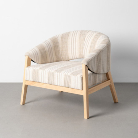 Sillón de salón a rayas beige en madera de caucho natural 82 x 72 x 60 cm