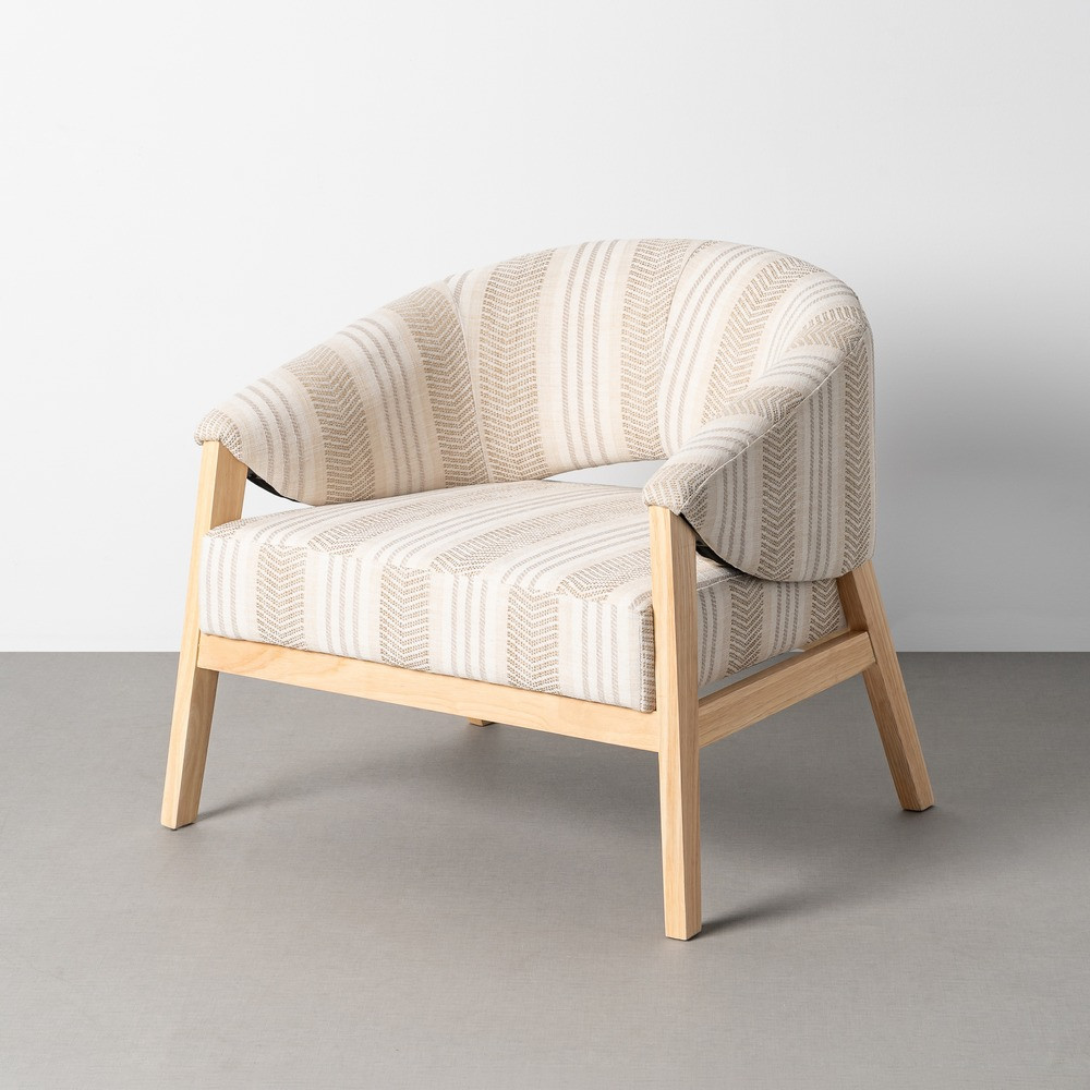 Sillón de salón a rayas beige en madera de caucho natural 82 x 72 x 60 cm