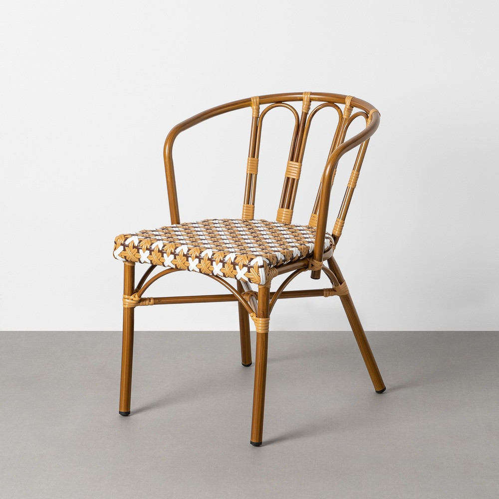 Silla con brazos de exterior bistró de uso profesional apilable de aluminio y ratán crema-blanco 53 x 76 x 63 cm