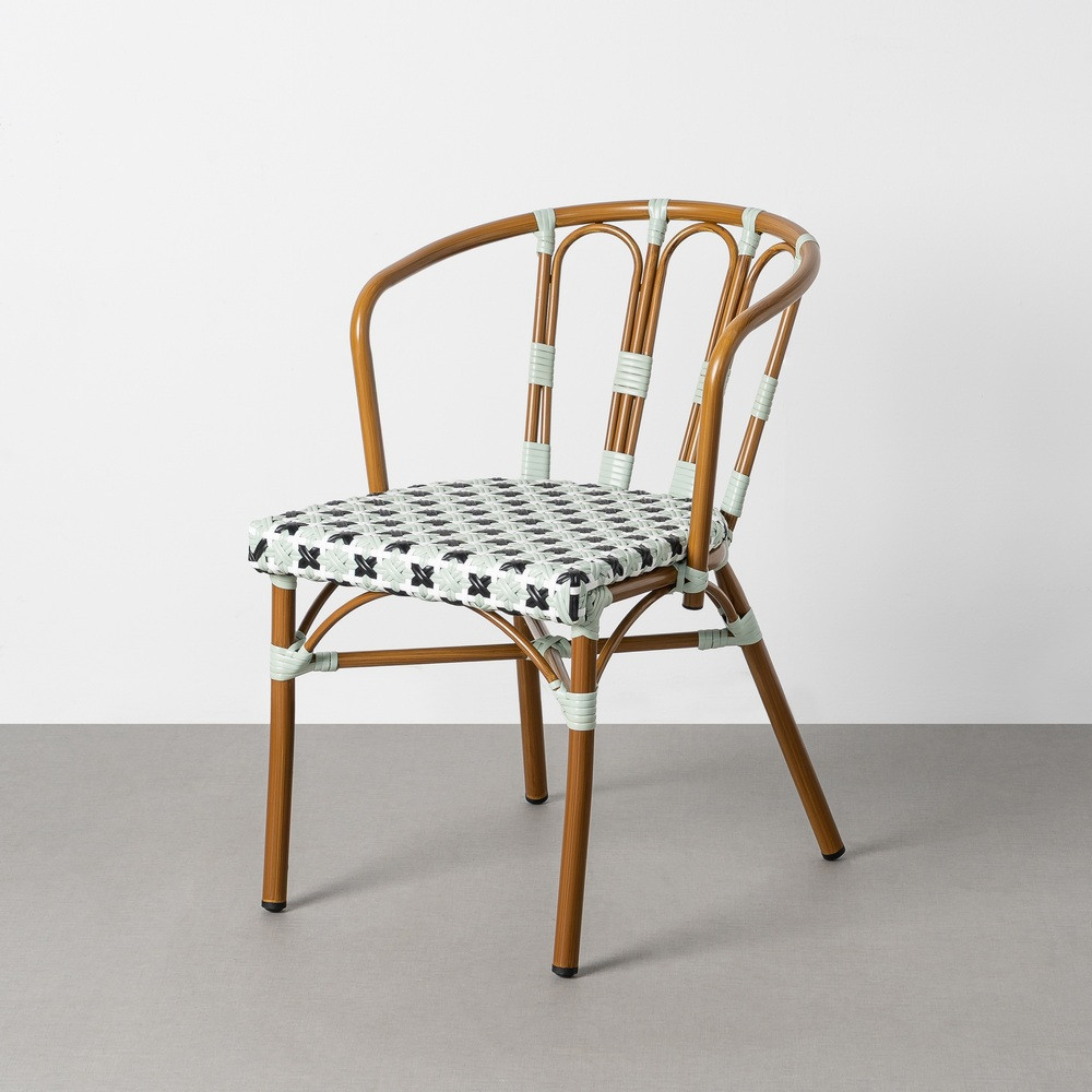 Silla con brazos de exterior bistró de uso profesional apilable de aluminio y ratán verde-blanco 53 x 76 x 63 cm