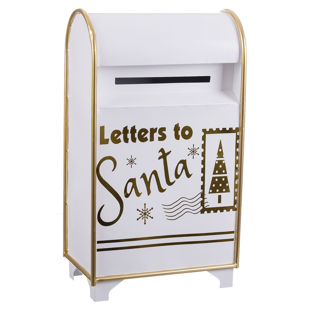 Buzón navideño de metal blanco y oro 34,5 x 61,5 x 21,5 cm