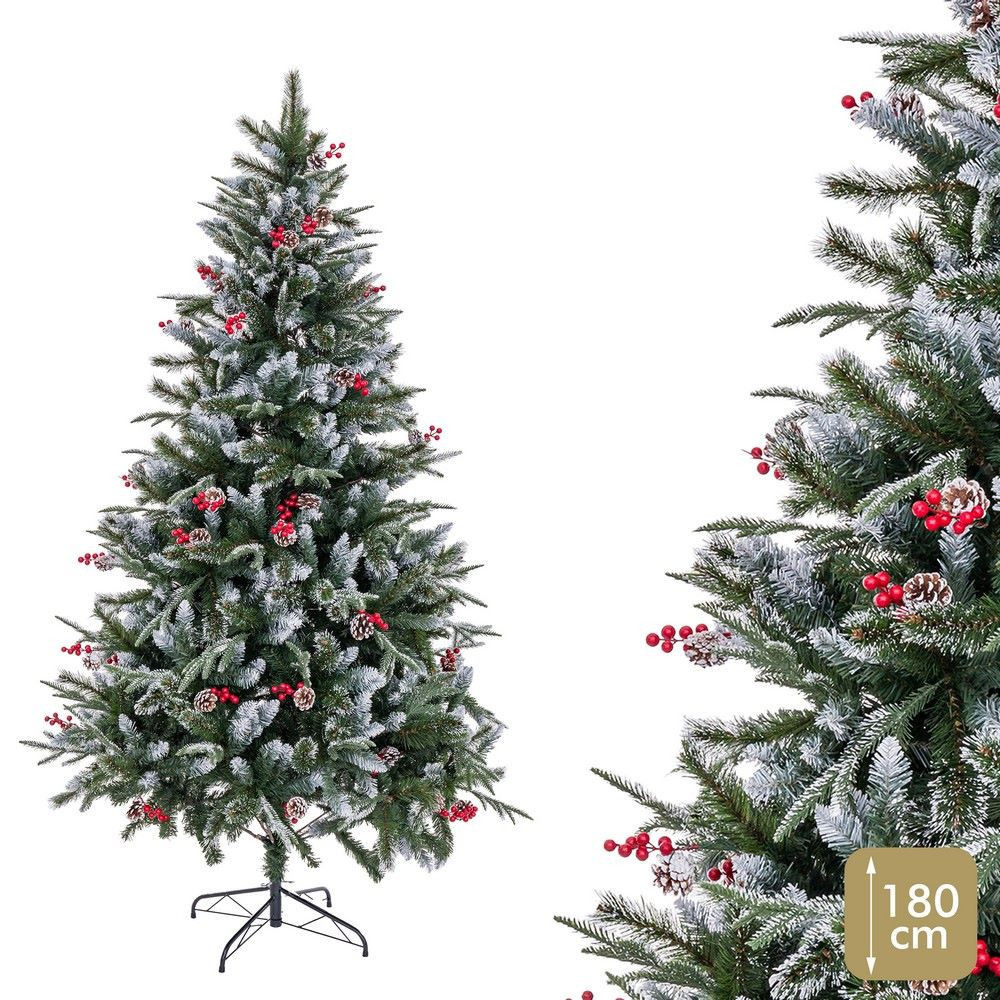Árbol de navidad artificial nevado con piñas y acebo de 690 ramas Ø110 x 180 cm