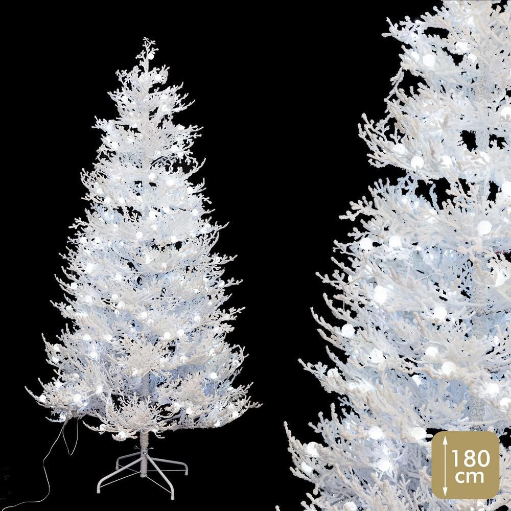 Árbol de navidad artificial flocado blanco con 240 luces LED frías y 485 ramas Ø107 x 180 cm