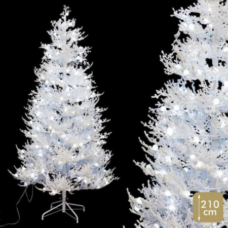 Árbol de navidad artificial flocado blanco con 320 luces LED frías y 680 ramas Ø122 x 210 cm