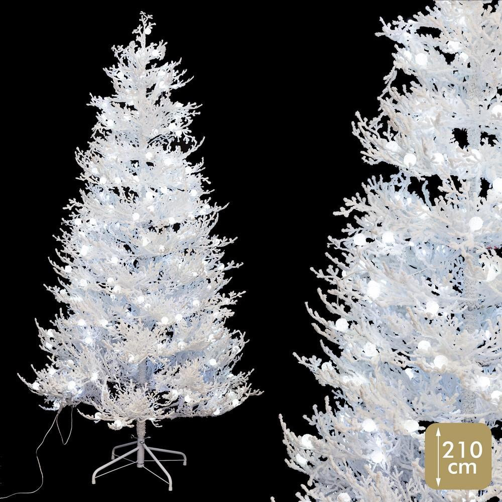 Árbol de navidad artificial flocado blanco con 320 luces LED frías y 680 ramas Ø122 x 210 cm