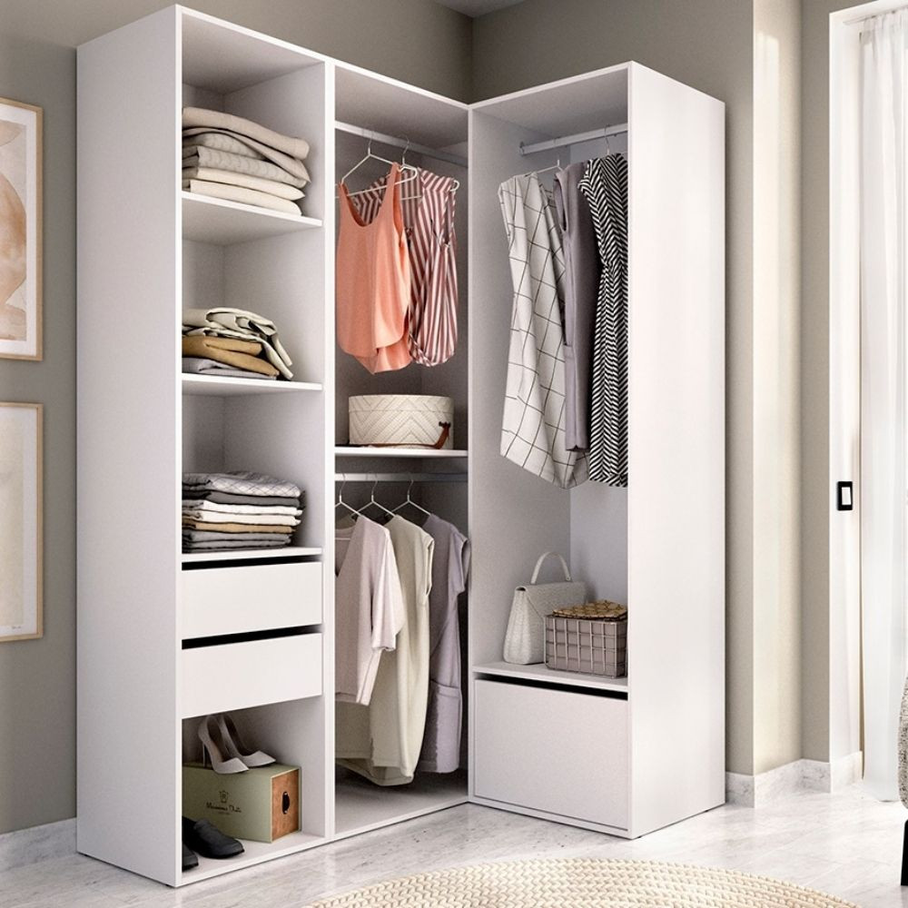 Roupeiro Closet de Canto Suit Sapateira Gavetas Branco e Natural 105x124 cm - fanmuebles