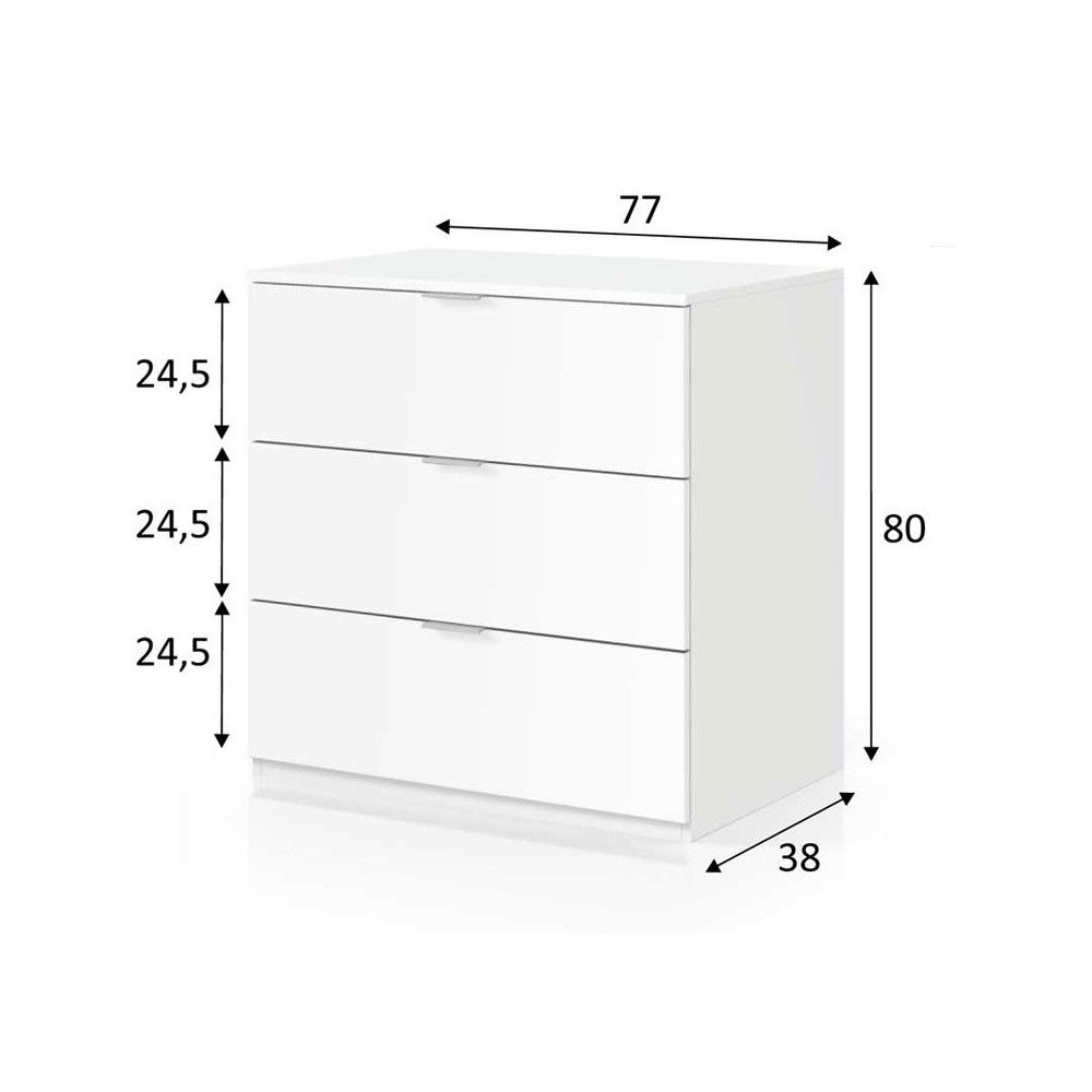 Commode 3 Tiroirs 80 Cm Blanc Brillant - Meuble Rangement Moderne Pour Chambre, Salon, Bureau