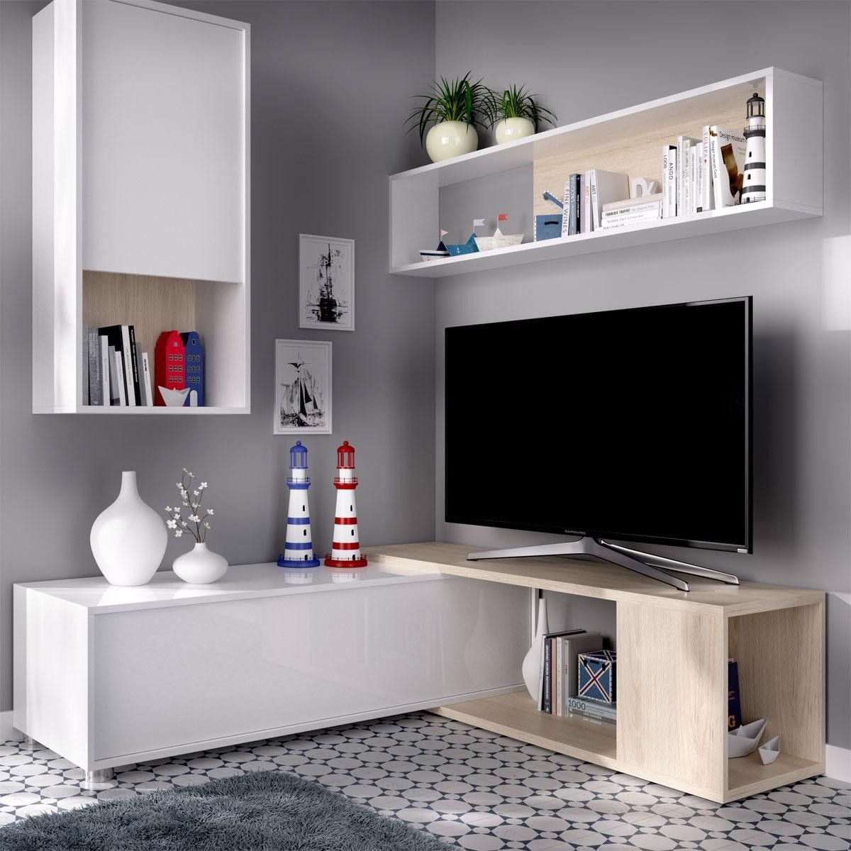 Móvel de sala Obi branco brilhante - Carvalho natural 180 cm