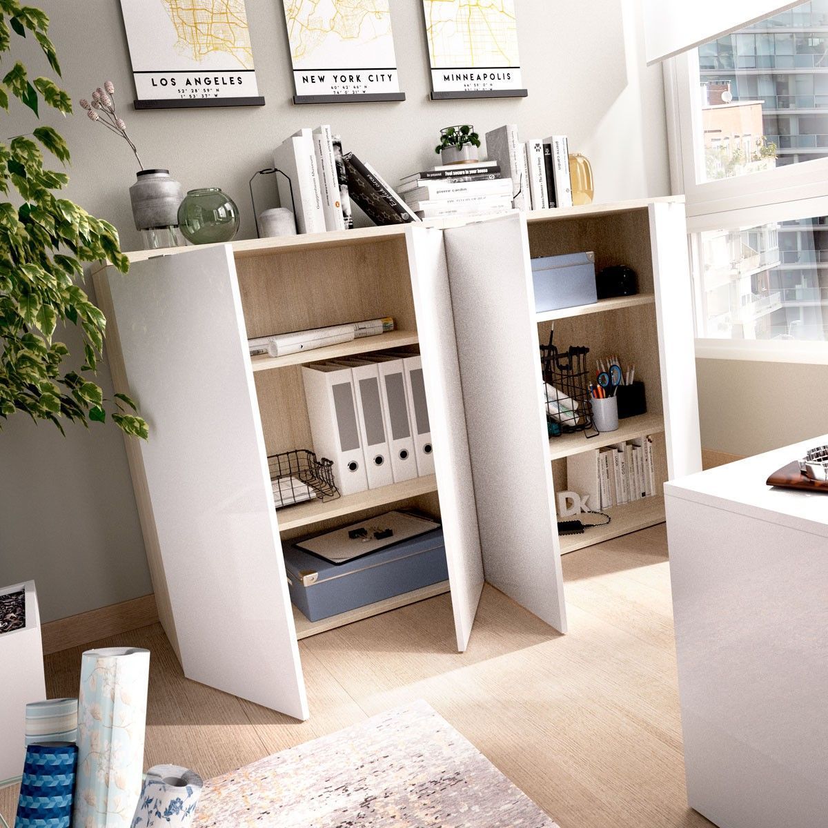 Armadio multifunzione Rox in rovere naturale bianco lucido ambiente