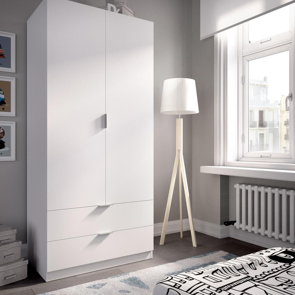Armário Essen branco com 2 portas e 2 gavetas brancas.